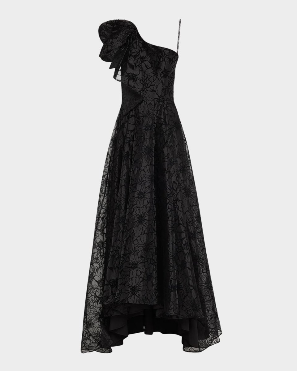 Mirabella One-Shoulder Flocked Organza Gown